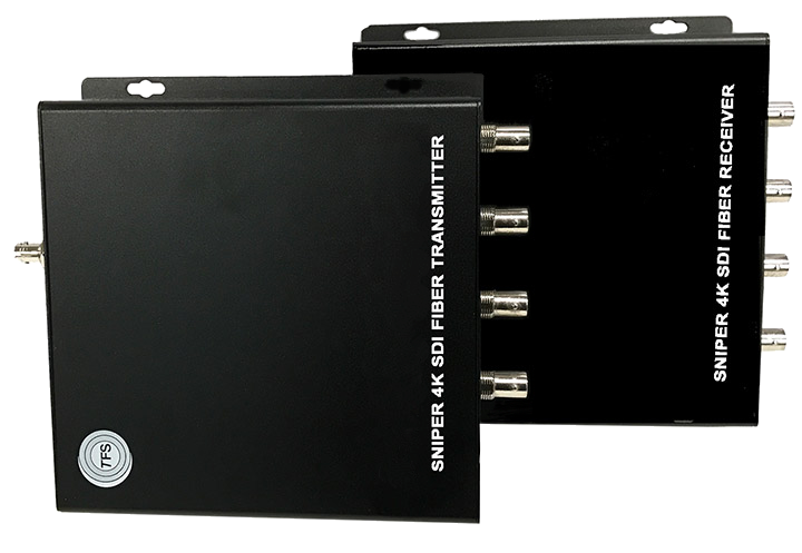 TFS 4K Video "Sniper" System Four 3G-SDI or one 4K video signal over a single fiber cable. Transmitter / Receiver Pair