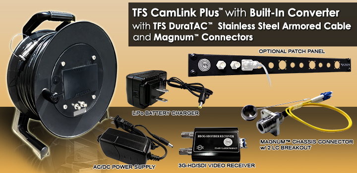 1000 Foot TFS CamLink® Plus All-in-1 Fiber Transmission System with Built-in 3G-HD/SD-SDI Transmitter, 3G-HD/SD-SDI Receiver, AC/DC Power Supply and Lithium-Ion Battery. With TFS 2 Fiber DuraTAC® Stainless Steel Armored Cable
